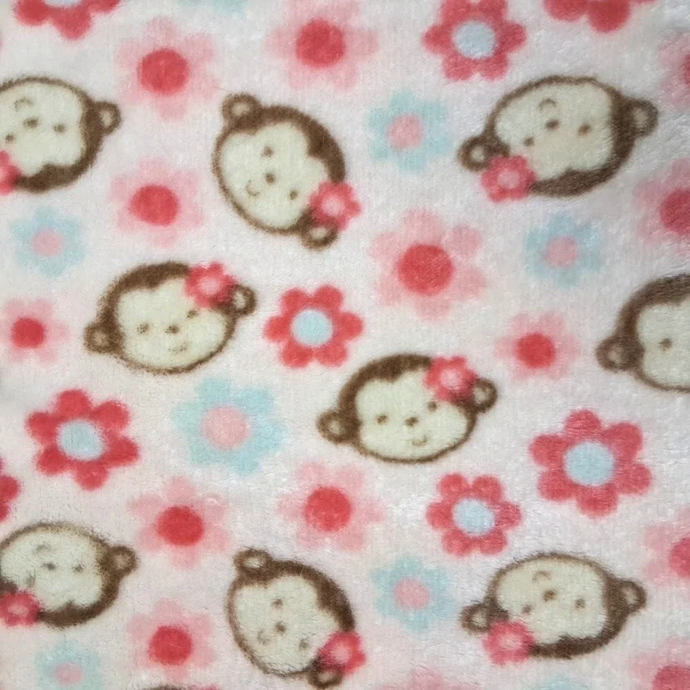 BabyGear Pink Monkey Face Flower Baby Blanket Soft Fleece Blue Thin Satin Gear